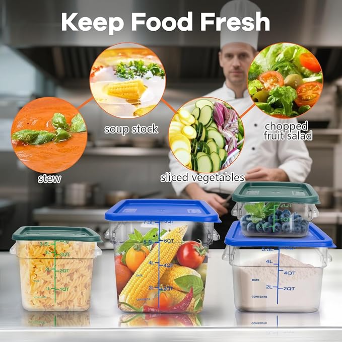 4 Pack Food Storage Containers with Blue Lids, 8.0 Qt - Square, Clear, Polycarbonate
