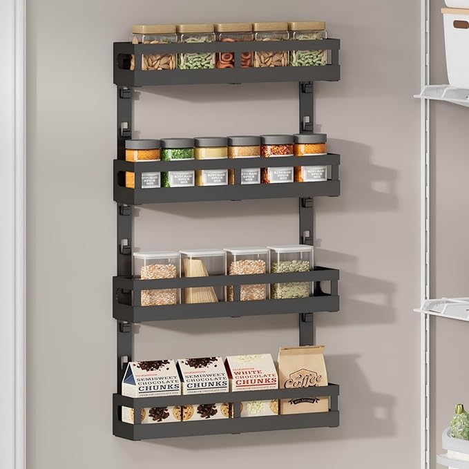 X-cosrack 4-Tier Small Wall Mounted Spice Rack Organizer, Hanging Spice Shelf for Cabinet or Pantry, Height-Adjustable Seasoning Holder for Kitchen Storage, Black