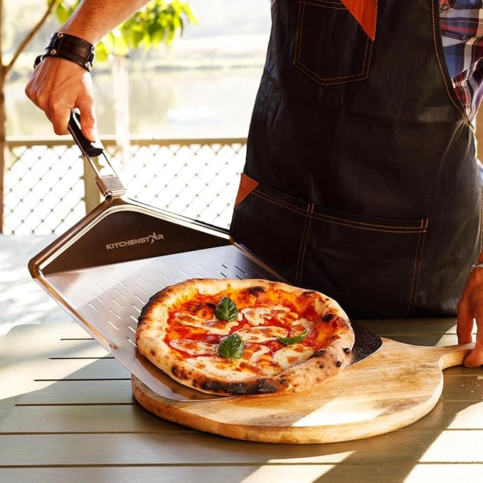 KitchenStar Perforated Pizza Peel 14 inch with 10 inch Folding Handle, Large - Stainless Steel Spatula Paddle for Effortless Pizza Transfer & Easy Storrage - Outdoor Pizza Oven Accessories
