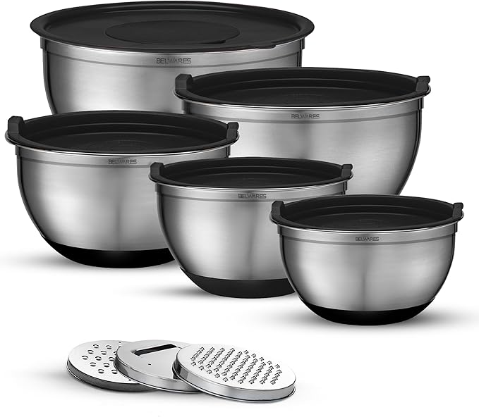 Mixing Bowls with Airtight Lids - 8PCS Stainless Steel Nesting Mixing Bowls Set with 3 Grater Attachments & Non-Slip Bottoms, Black Kitchen Bowls, Sizes 5, 4, 3.5, 2, 1.5QT for Baking & Kitchen Gift