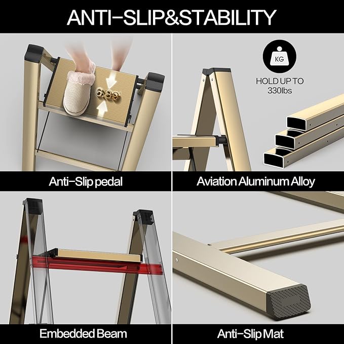 GameGem 4 Step Ladder, Aluminum Folding Step Stool with Anti-Slip Sturdy and Wide Pedal, Lightweight Portable Stepladder for Home and Kitchen Use, Gold, 330 lbs