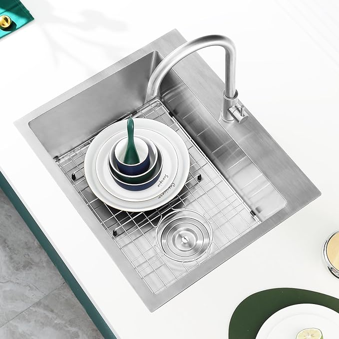 Kitchen Sink, 22 x 18 Inch Drop in Sink, 304 Stainless Steel Kitchen Sink, Centre-Offset Drain, 9" Deep Single Bowl, Topmount Installation, Brushed(Inclued Drain Strainer & Bottom Grid)