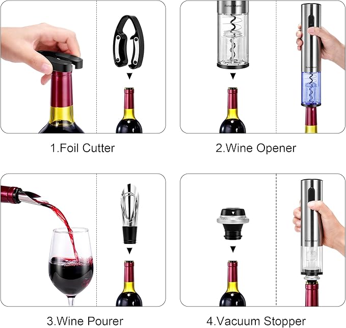 Electric Wine Opener Set, Roter Mond Automatic Wine Bottle Opener with Charging Base, 7-in-1 Wine Present with Wine Aerator Pourer Electric Vacuum Pump with 2 Stoppers Wine Foil Cutter for Home Party
