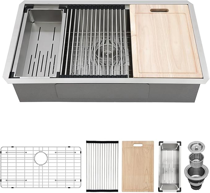 30 Inch Undermount Kitchen Sink 30x18 Workstation Undermount Sink Stainless Steel 16 Gauge Single Bowl Under Counter with Accessories