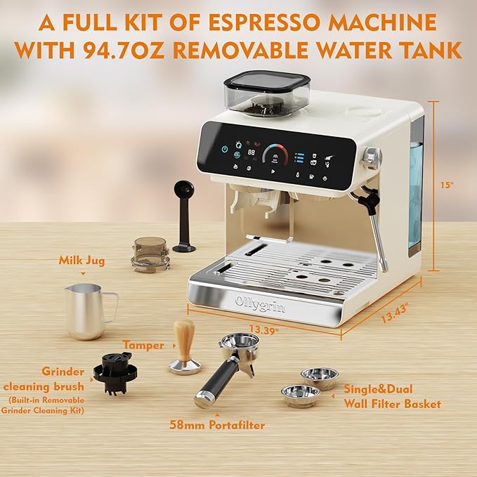 Espresso Machine with Grinder, 20 Bar Professional Espresso Maker with 19 Grind Sizes, Coffee Machine with Milk Frother, 2.8L Removable Water Tank for Latte & Cappuccino