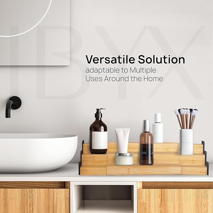 Ibyx Premium 3-Tier Spice Rack Organizer for Cabinet - Expandable Bamboo Spice Storage - Non-Skid Countertop Step Spice Shelf - Great for Kitchen Cabinet Countertop (Natural - Wide)