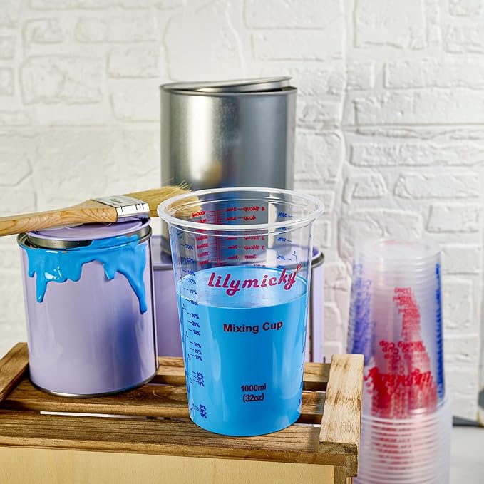 50 PACK Plastic Measuring Cups, 32 oz (1000ml) Disposable Mixing Cups, Measurement ratios: 2:1, 3:1, 4:1, Perfect for Epoxy Resin, Paint Mixing, Art DIY