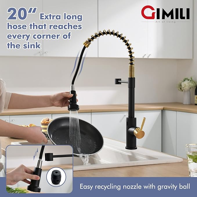 GIMILI Black and Gold Touchless Kitchen Faucet with Pull Down Sprayer, Motion Sensor Smart Hands-Free Activated Single Hole Spring Faucet for Kitchen Sink, Matte Black&Brushed Gold