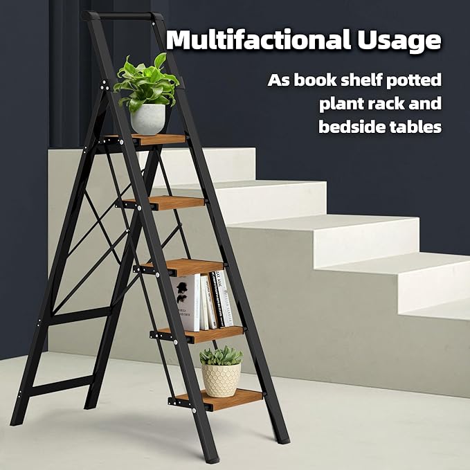 HillhutApex 5 Step Foldable Aluminum Step Ladder with Handgrip, Anti-Slip Pedal, 330 lbs Capacity, Lightweight & Portable for Home, Kitchen, Office, Garage (Black Woodgrain)