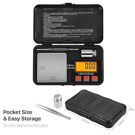 Flexzion Digital Scale Pocket Size Precision Gram Scale 200g / 0.01g, Travel Portable Mini Kitchen Food Ounces Carats/w Tweezers, LCD Light, 50 g Calibration Weight, 6 Units, Tare, Stainless Steel