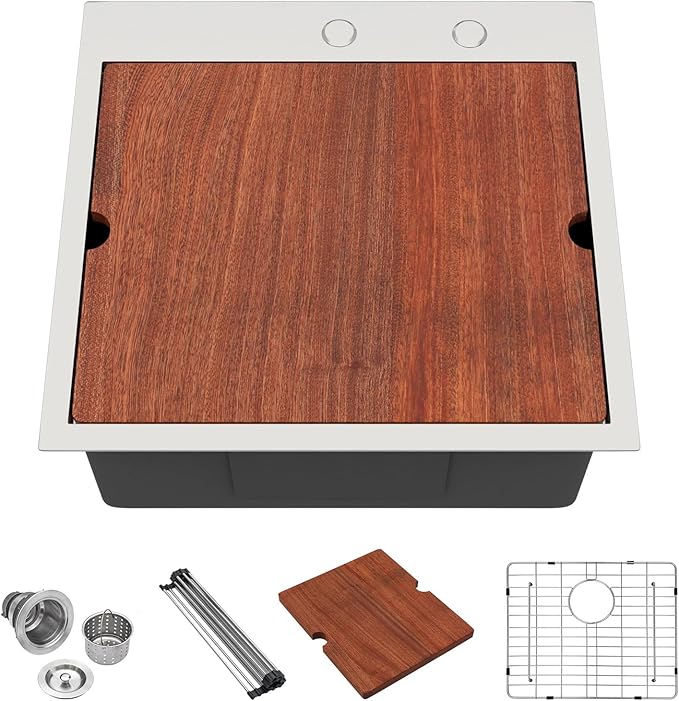 Lordear 21x20x10 Inch Drop in Kitchen Bar Sink - 16 Gauge Stainless Steel Single Bowl Workstation, Topmount Over Counter, for Wet Bar/Prep/Small Kitchen with Cutting Board