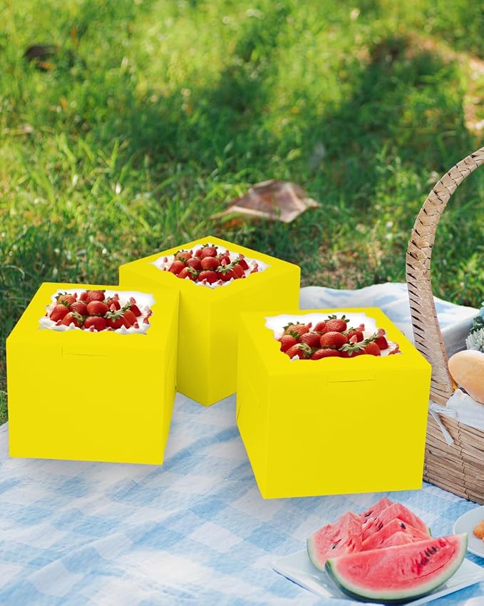 Bakepacker 36pcs 6x6x5 Inches Cake Boxes with Window 18-Packs Yellow Cake Boxes 6 Inch Bakery Boxes (18 Cake Boxes +18 Cake Boards Included)