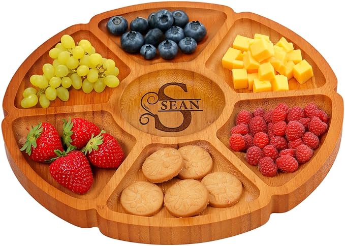 Custom Engraved Bamboo 11" Serving Tray β Personalized 7-Divided Flower Petal Platter, Perfect for Snacks, Appetizers, Charcuterie, Parties, Weddings, Housewarming, and Entertaining Gifts