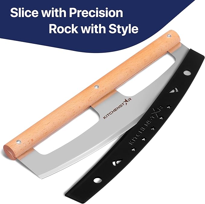 KitchenStar 14-Inch Pizza Cutter Rocker Blade - Razor Sharp Stainless Steel Slicer Knife, Stylish Beech Wood Handle, Protective Cover - Professional Pizza Oven Accessories, Silver