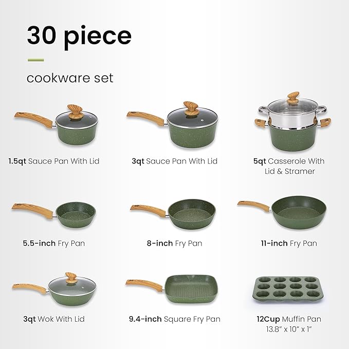 30 Piece Pots and Pans Set Non Stick, Nonstick Induction Granite Kitchen Cookware Sets, Induction Cookware and Bakeware Set, Nonstick Granite Cooking Set, Pan Sets for Cooking, Green