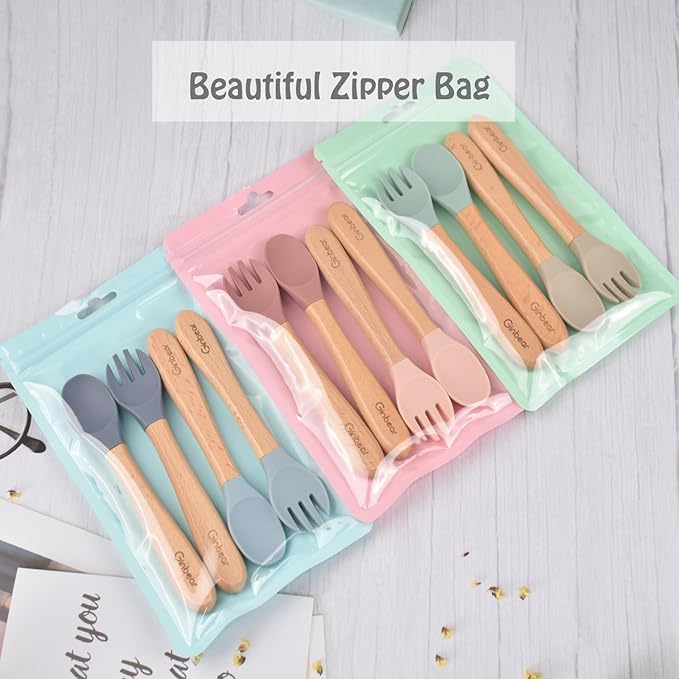 Ginbear Silicone Baby Spoons and Forks Self-feeding 12-18 Months, Soft-Tip Baby Flatware Sets, Toddler Feeding Utensils for Child, 4 Piece Set (Hazy Green/Almond)