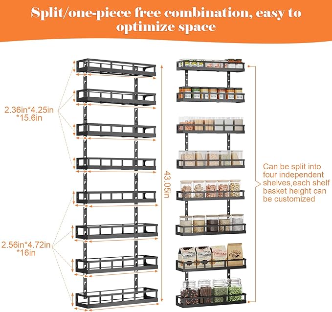 X-cosrack 8-Tier Adjustable Spice Rack ā Wall-Mounted Space-Saving Organizer with Mixed Baskets, Large-Capacity Seasoning Holder for Kitchen & Pantry (Black)