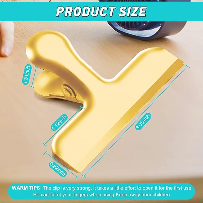 Funfery 24 Pack 3 Inch Stainless Steel Gold Chip Clips Strong Bag Clips Large Clip for Food Packages,Metal Kitchen Food Clip for Snack Home&Office Paper Heavy Duty