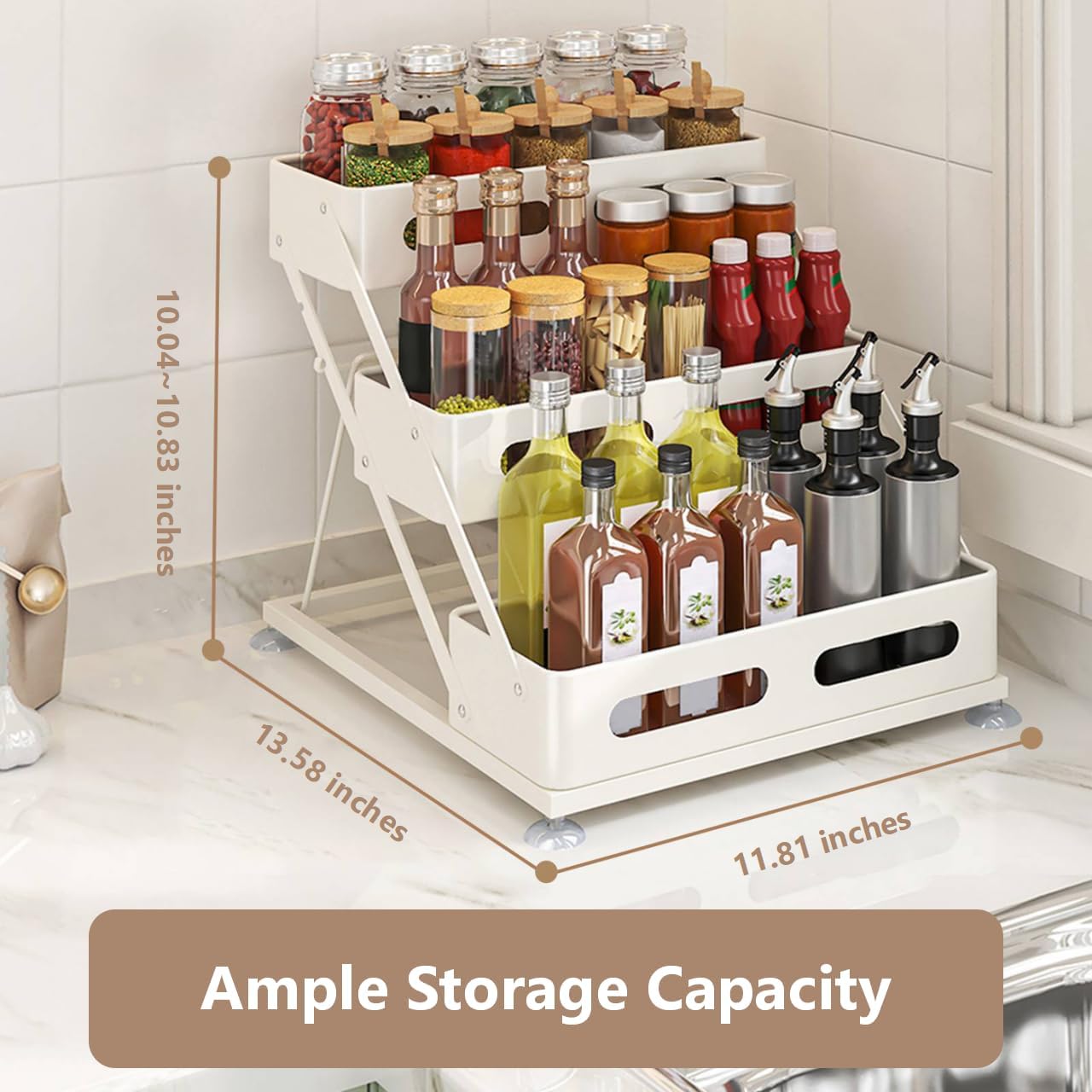 3 Tier Foldable Spice Rack for Countertop Iron Kitchen Seasoning Organizer for Cabinet, White