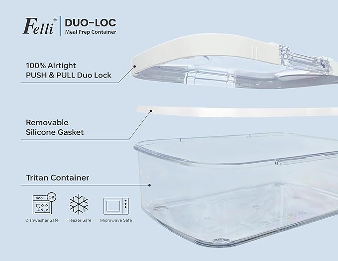 Felli Duo Loc Meal Prep Container for Refrigerator, Leak Proof Stackable Kitchen Tupperware for Leftovers Food Storage Travel Lunch Container for Adults, Small & Large Box (Fridge Organizer 12pk)