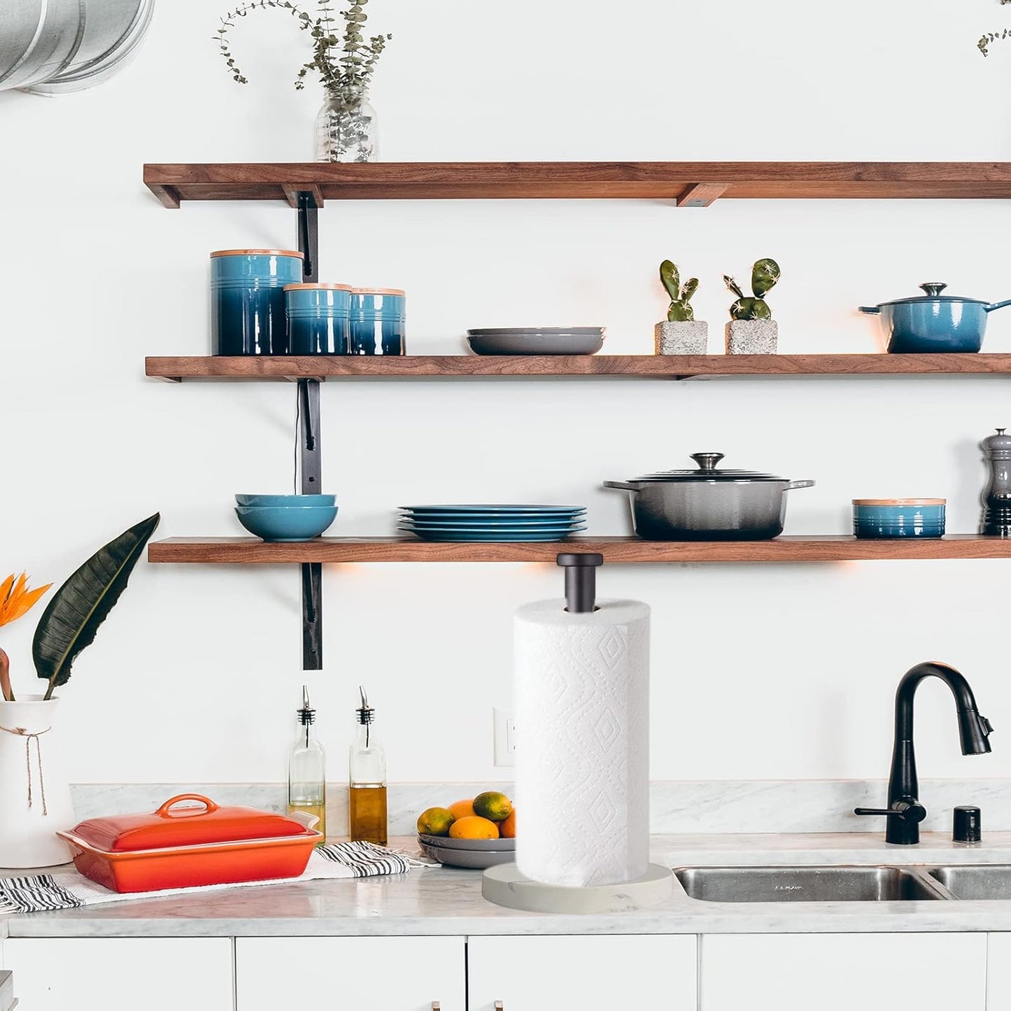 Paper Towel Holder Countertop, Standing Paper Towel Roll Holder for Kitchen Bathroom, with Weighted Marble Base for One-Handed Operation (Black), Black Paper Towel Holder, Marble