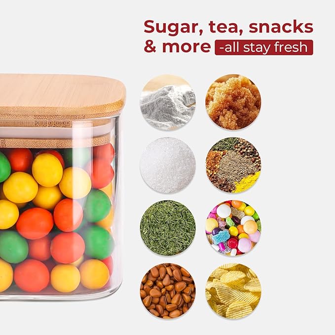 Glass Storage Jars with Bamboo Lid,Airtight Kitchen Canisters for Baking, Food Jar Container for Spices Cookie Tea Coffee Beans Snacks (4 pack 0.6qt)