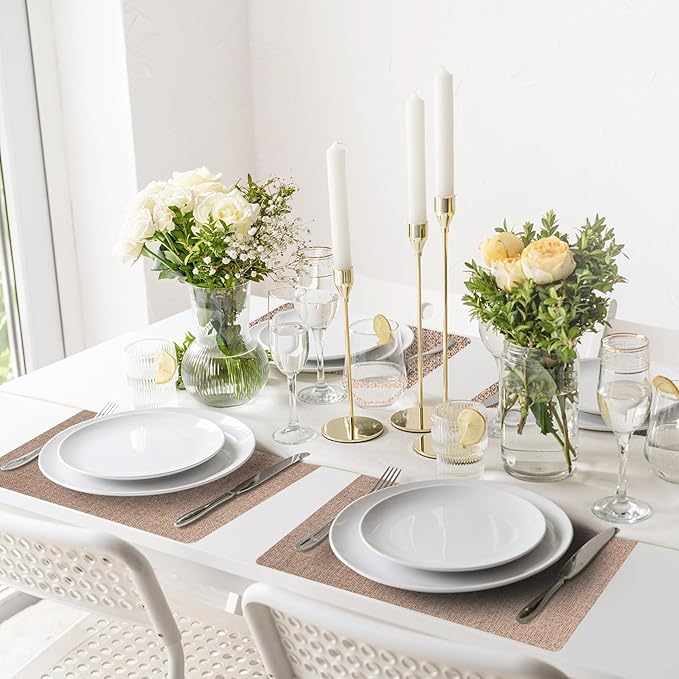 Vinyl Placemats Set of 6-12×17.7 Inch Waterproof & Heattable Placemats, Fall Faux Leather Wipeable Outdoor Table Mat for Dining, Kitchen, Indoor Outdoor Use (Brown, Linen Texture)