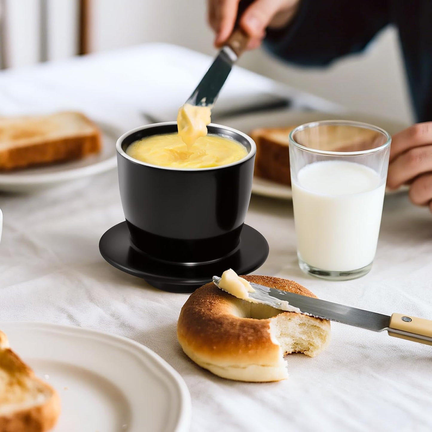 Large Butter Crock for Counter with Water Line, Butter Keeper, Ceramic French Butter Dish Holder for Fresh Spreadable Soft Butter (Black, 8 Ounce)