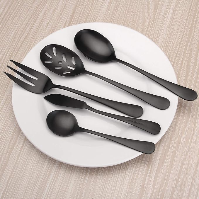 Matte Black Serving Set,SHARECOOK 5-Piece 18/0 Stainless Steel Large Hostess Set with Round Edge, Satin Finished, Dishwasher Safe -Spoons, Forks,Butter Knife& Slotted Spoon