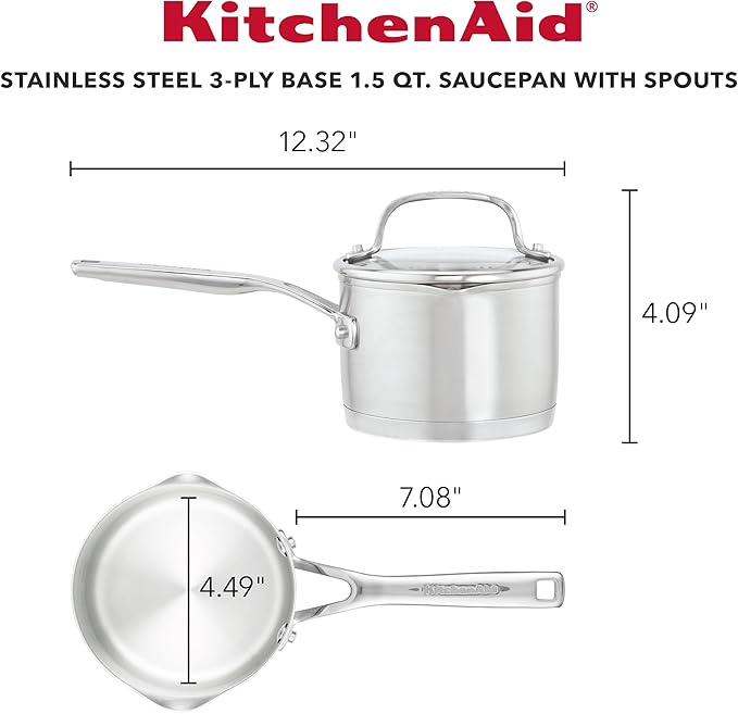 KitchenAid 71026 3-Ply Base Brushed Stainless Saucepan with Pour Spouts, 1.5 Quart -Brushed Stainless Steel