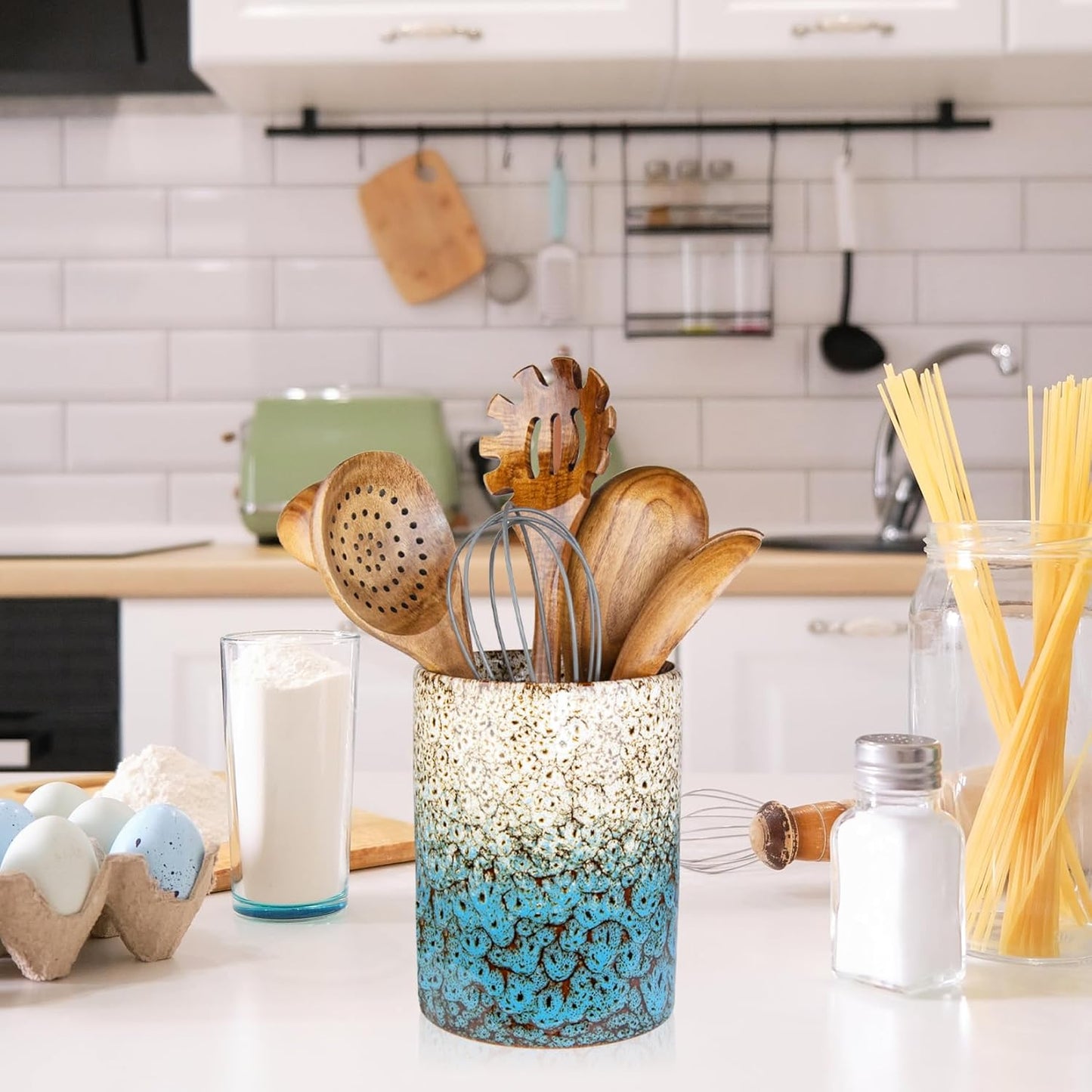 Utensil Holder, Ceramic Kitchen Utensil Holder for Countertop, Large Cooking Utensil Crocks for Kitchen Counter, Morden Utensil Organizer for Spatula, kitchen Decor,White & Blue