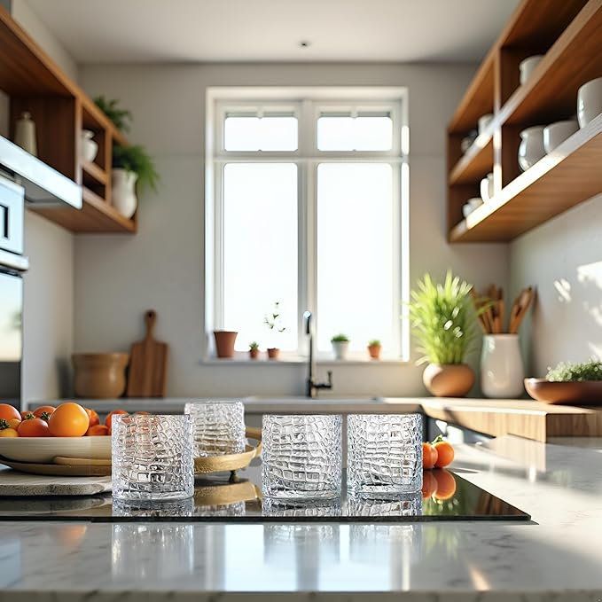 Glaver's DOF Set of 4 Clear 13oz Drinking Glasses Crackle Textured Design Double Old Fashioned Whiskey Glasses Home Everyday Bar Glassware