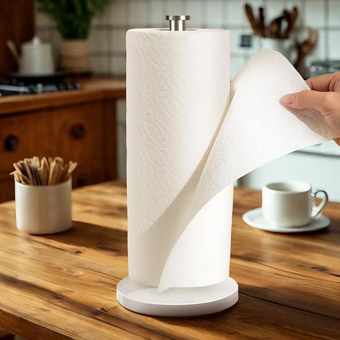 YIGII Heavy Marble Base Paper Towel Holder Countertop - Standing Paper Towel Roll Holder with Weighted Base, Papertowel Holder for Kitchen, White Marble