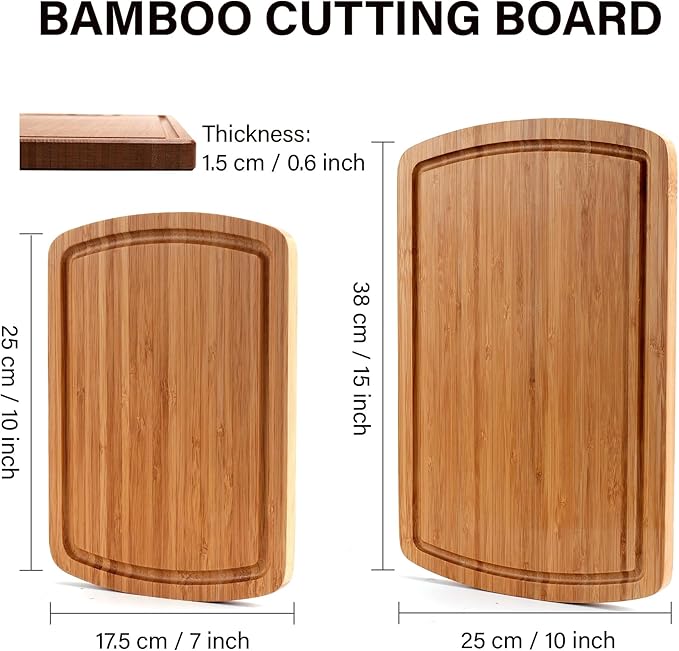 Bamboo Cutting Board Set of 2 - Double-Sided Cutting Board with Juice Groove for Kitchen, Bamboo Serving Board Chopping Board for Meat, Vegetables and Cheese