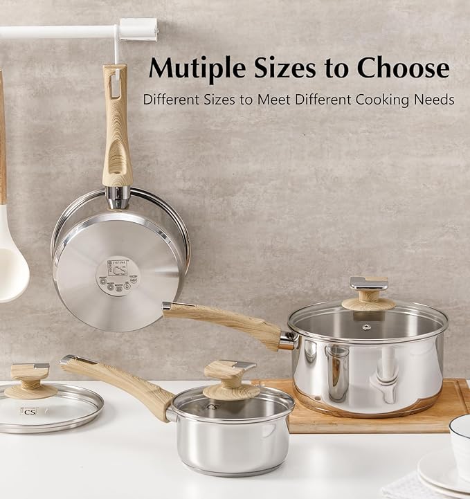 KOCH SYSTEME CS Stainless Steel Saucepan Set, 6 Piece 18/10 Stainless Steel Pots with Lids 1QT 2QT 3QT, Stay Cool Handles, 5 Layer Steel Base Heavy Duty Suce Pan Set, Induction Compatible