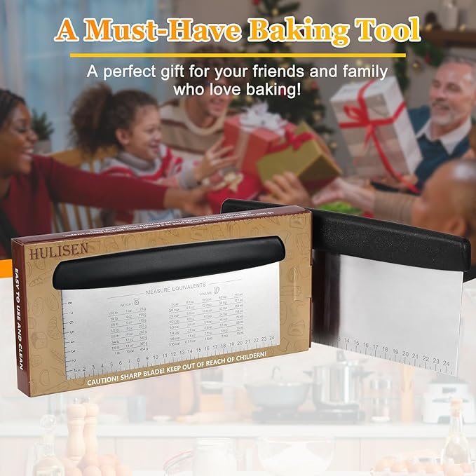 HULISEN Large Bench Scraper for Baking, 10 inch Dough Pastry Scraper with Measuring Scale, Stainless Steel Cake Scraper, Pizza Cutter, Food Chopper, Bread Separator Knife