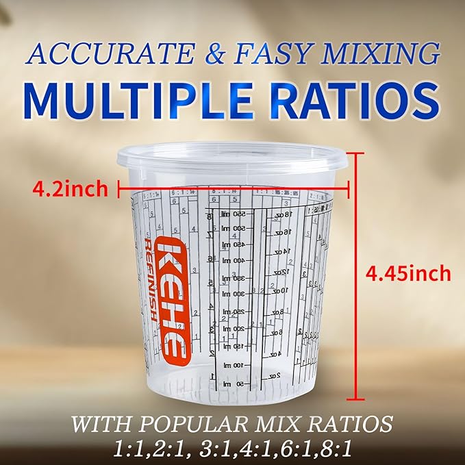 100 Pack Paint Mixing Cups by KEHE REFINISH,18 oz (550ml),Disposable or Reusable Plastic Measuring Cups with Lids for Liquids, Paints, Resin, Epoxy, Art,Ratios 1:1,2:1, 3:1, 4:1,5:1,6:1,7:1,8:1