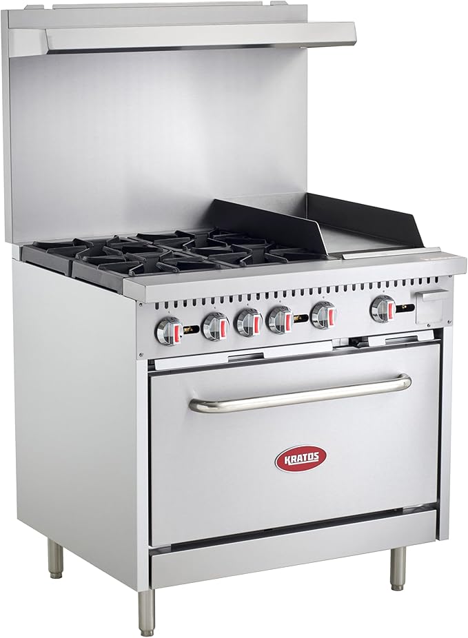Kratos Commercial Gas Range, 36" Wide with 12" Griddle, 4 Burners, and 1 Standard Oven, Natural Gas (29Y-173-NAT)