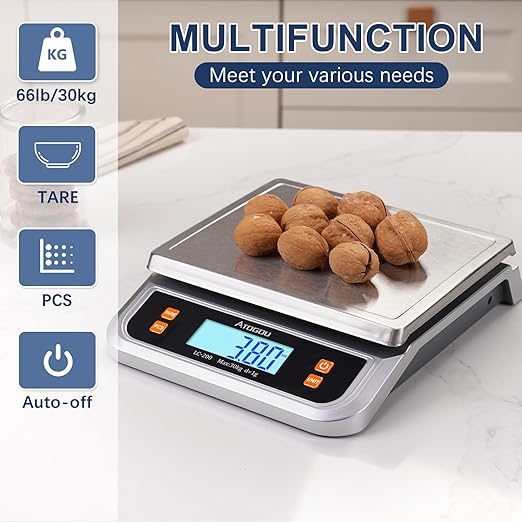 66lb Food Scale, Commercial Kitchen Scale Plug-in Usable with Full View LCD Display, Stainless Steel, for Baking, Bread, Cooking, Meat, Vegetables, Farm, Industry LC200