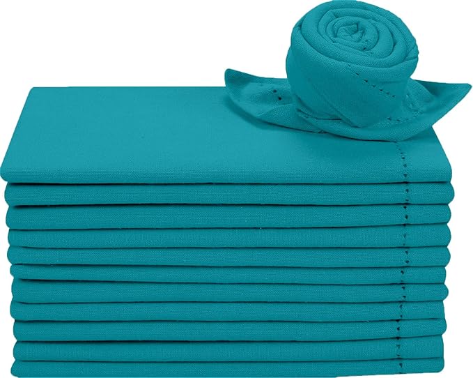 Bedding Craft Cotton Cloth Dinner Napkins Set of 12 – 18x18 Teal Hemstitched with Decorative Selvedge Holes & Mitered Corners – Reusable Machine Washable Fabric Napkins for Weddings & Dining