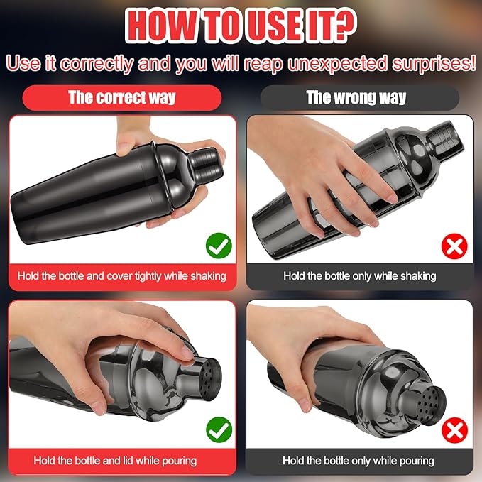 Nitial 6 Pcs Bar Cocktail Shaker Professional Stainless Steel Martini Drink Mixer Built-in Strainer for Bartending No Leaks Shaker for Bar Party Drink Mixer (Black,25 oz)