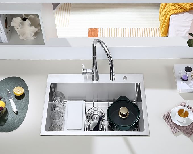 27x18 Inch Drop in Kitchen Sink, 18 Gauge Stainless Steel Handmade Single Bowl Kitchen Sink 9'' Deep Basin Bowl with Grid, Brushed