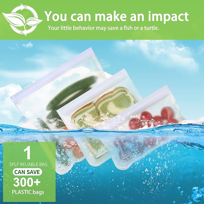 SPLF 6 Pack Dishwasher Safe Reusable Gallon Freezer Bags, BPA FREE Extra Thick Reusable Storage Bags Leakproof Silicone and Plastic Free for Marinate Meats, Cereal, Sandwich, Snack, Travel Items