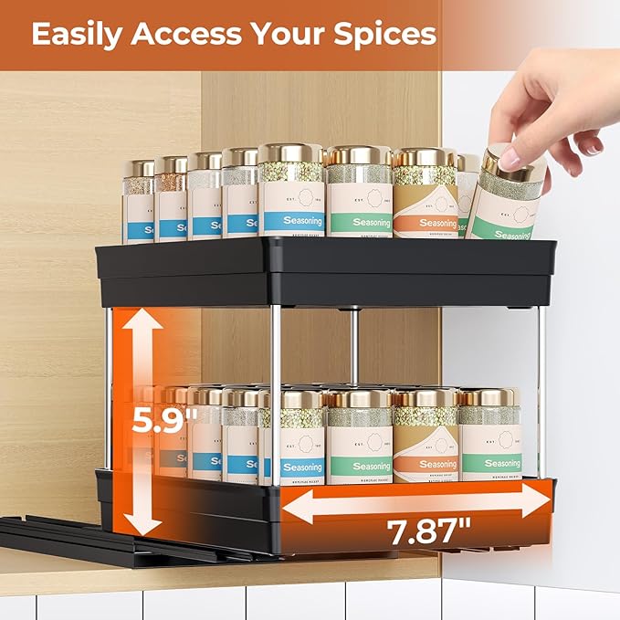 Pull Out Spice Rack Organizer for Cabinet, Slide Out Spice Racks Organizer, Easy to Install Spice Cabinet Organizers, 8.26''Wx10.6''Dx8.7''H, 2 Pack-2 Tier(Black)