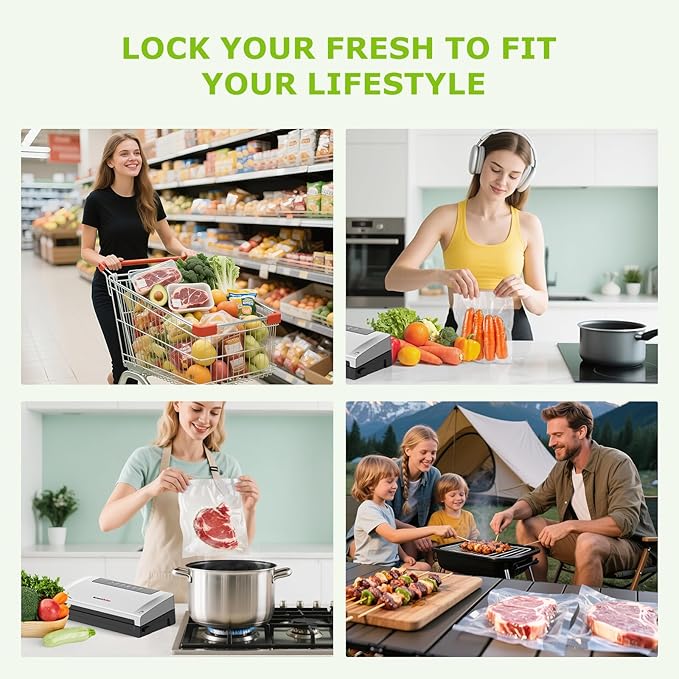 Bonsenkitchen Food Vacuum Sealer Machine with External Vac Function, Built-in Cutter & Bag Storage, 5 Modes for Various Food Types, Includes 10 Bags & 1 Roll (Silver)