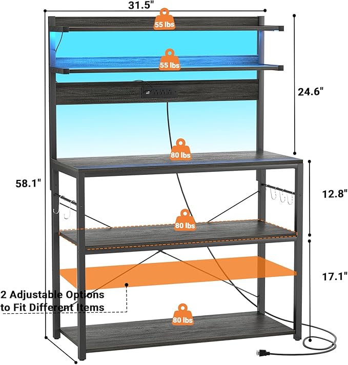 Aheaplus Bakers Rack with Power Outlet, Microwave Stand, 5 Tiers Coffee Bar Station with Led Lights, Kitchen Storage Shelf with 6 S-Shaped Hooks, Kitchen Rack Coffee Bar Stand, Grey Oak