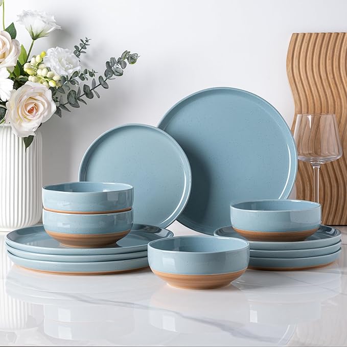 AmorArc Ceramic Dinnerware Sets for 8, 24 Pieces Handpainted Plates and Bowls Set with Rustic Terracotta Underside, Scratch Resistant Stoneware Dishes Set, Dishwasher & Microwave Safe, Stone Blue