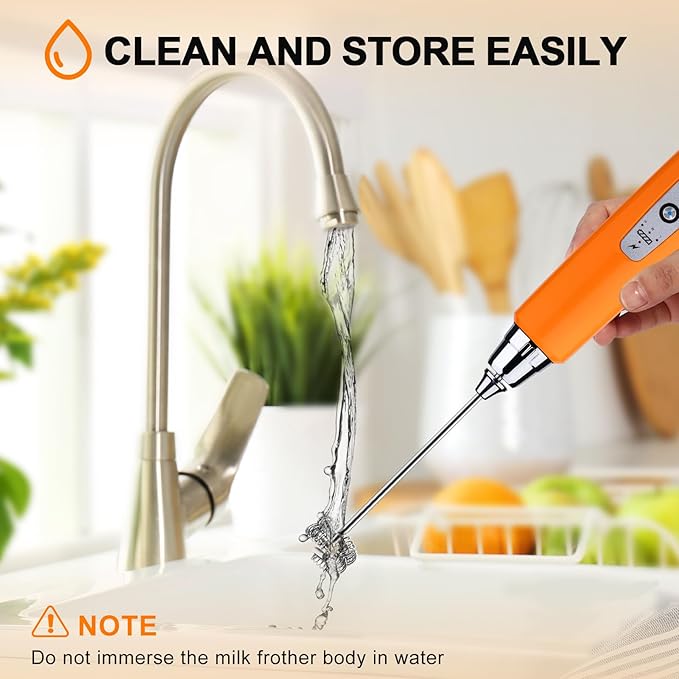 YUSWKO Fluorescence Orange Handheld Milk Frother Wand for Coffee, Rechargeable Electric Whisk with 3 Heads 3 Speeds Drink Mixer Coffee Frother For Latte, Cappuccino, Hot Chocolate, Egg