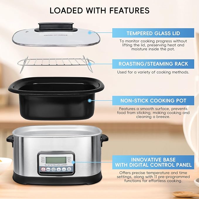 6.5 Quart Multi Cooker 11-in-1, Programmable Slow Cooker With Bake, Sauté, Roast, and Sous Vide functions, 1500W Timer & Temperature Control, Dishwasher Safe Lid & Nonstick Inner Pot