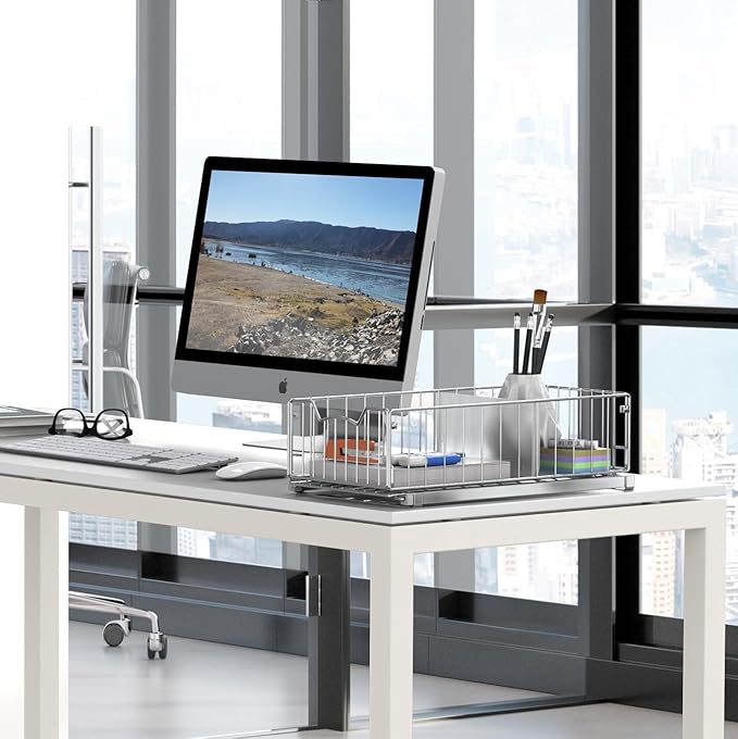 Simple Houseware Pull-Out Cabinet Sliding Basket Organizer, 17.2" D x 9.7" W x 5" H – Chrome Finished, Ideal for Kitchen and Bathroom Cabinet Storage, Under Sink or Pantry Organization